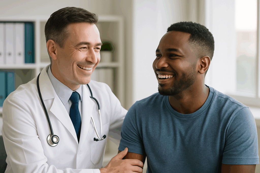 doutor e paciente sorrindo em um quarto hospitalar