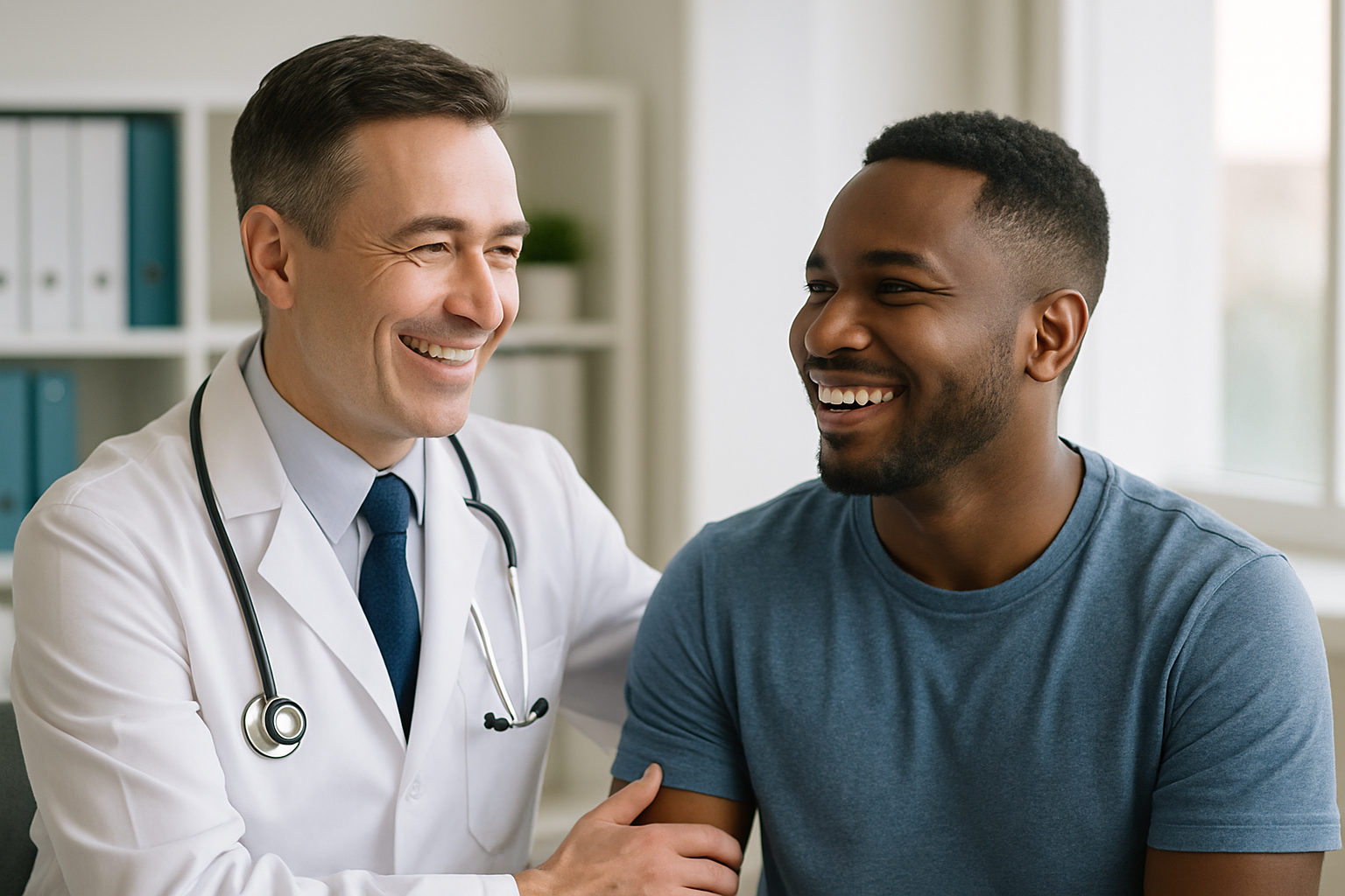 doutor e paciente sorrindo em um quarto hospitalar