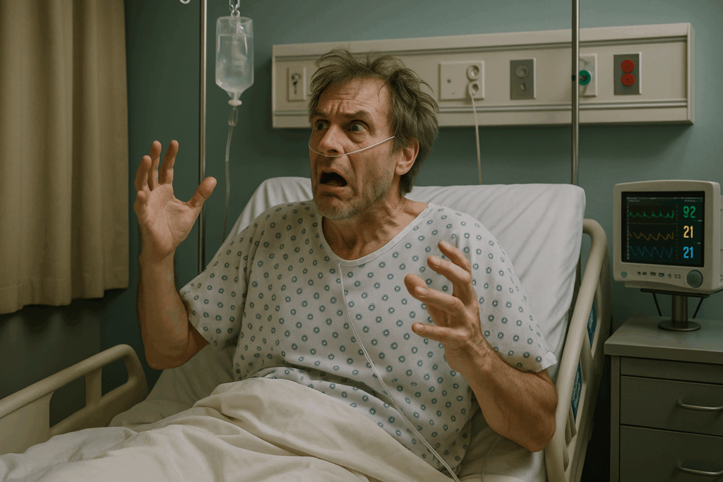 Paciente em um quarto apresentando sintomas de delírio hospitalar