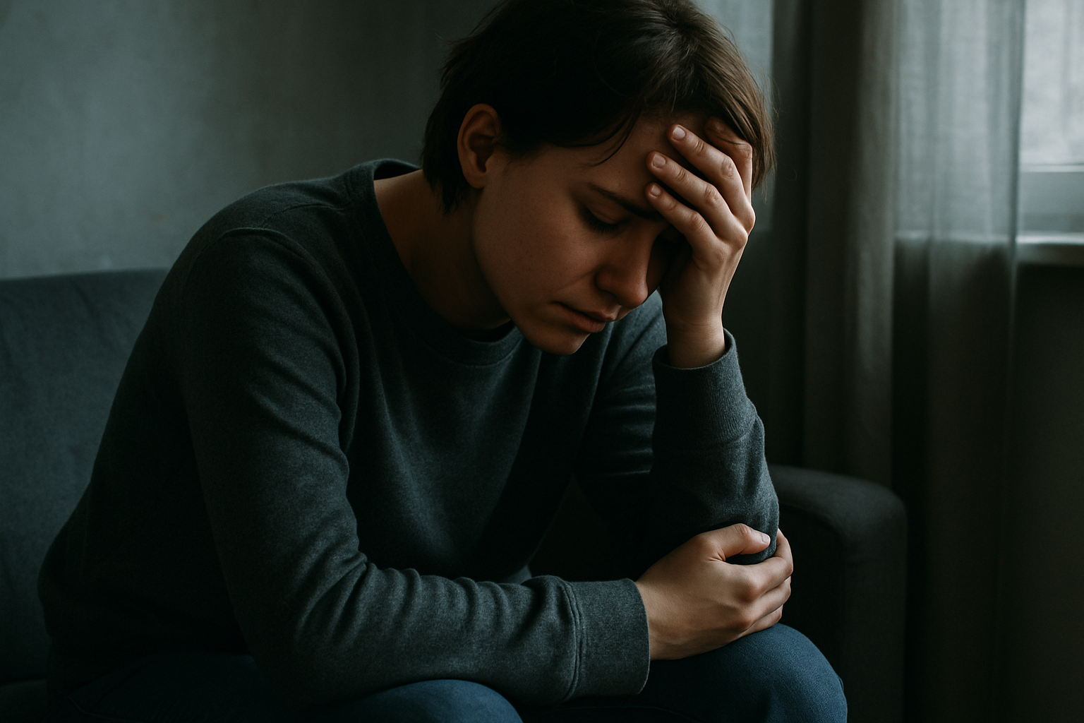 mulher com a mão encostada na cabeça e com uma cara triste