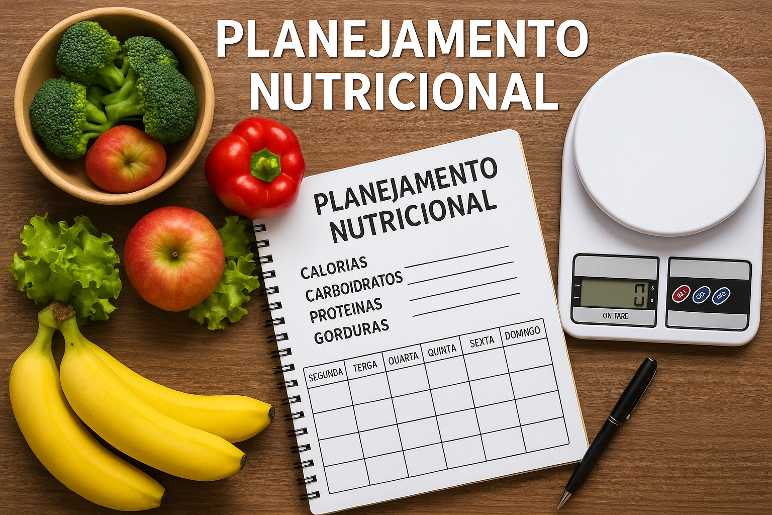 Caderno escrito o planejamento nutricional com alimentos saudáveis ao redor