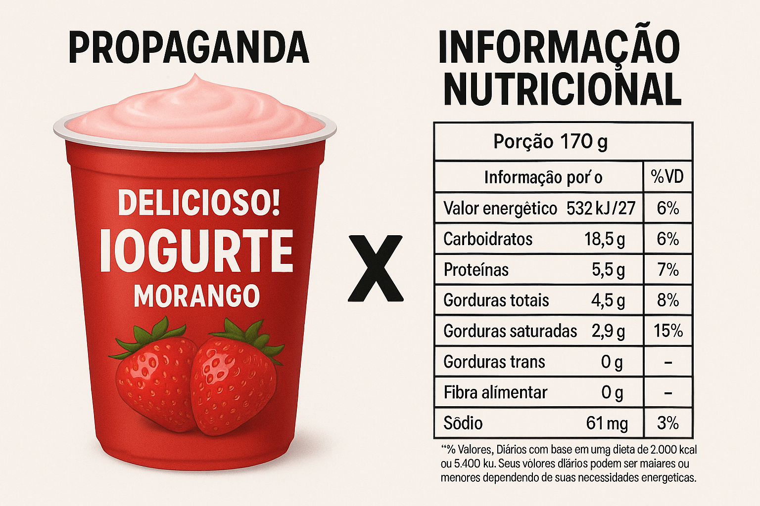 comparativo entre a propaganda de um iogurte e sua informação nutricional