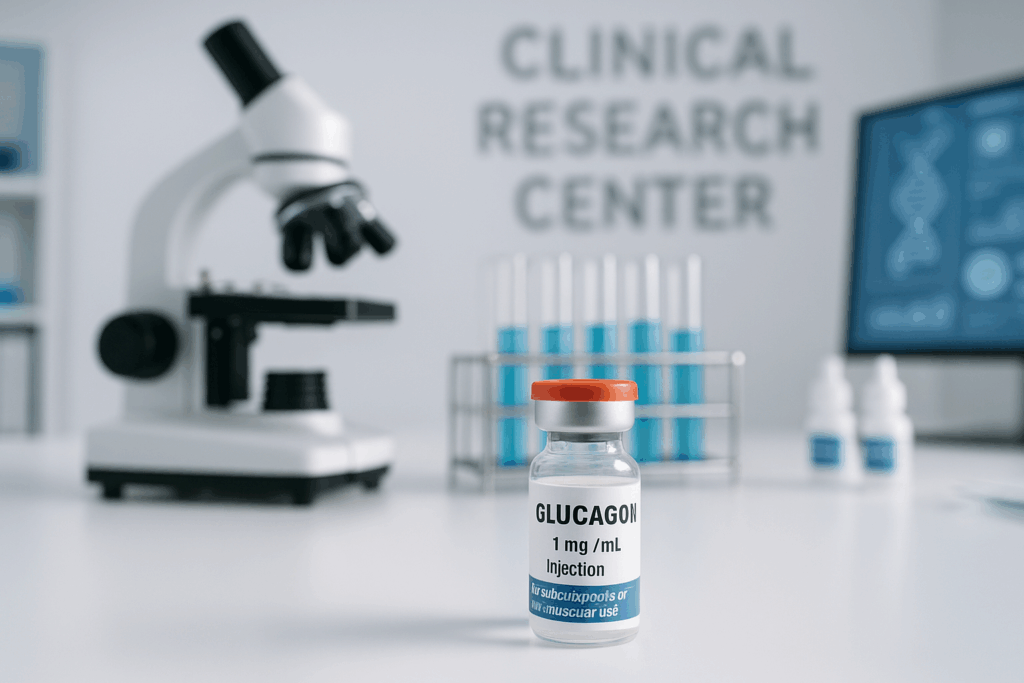 unidade de glucagon em uma mesa de um centro de pesquisa clinica