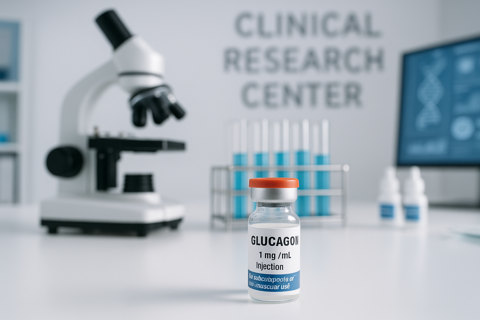 unidade de glucagon em uma mesa de um centro de pesquisa clinica